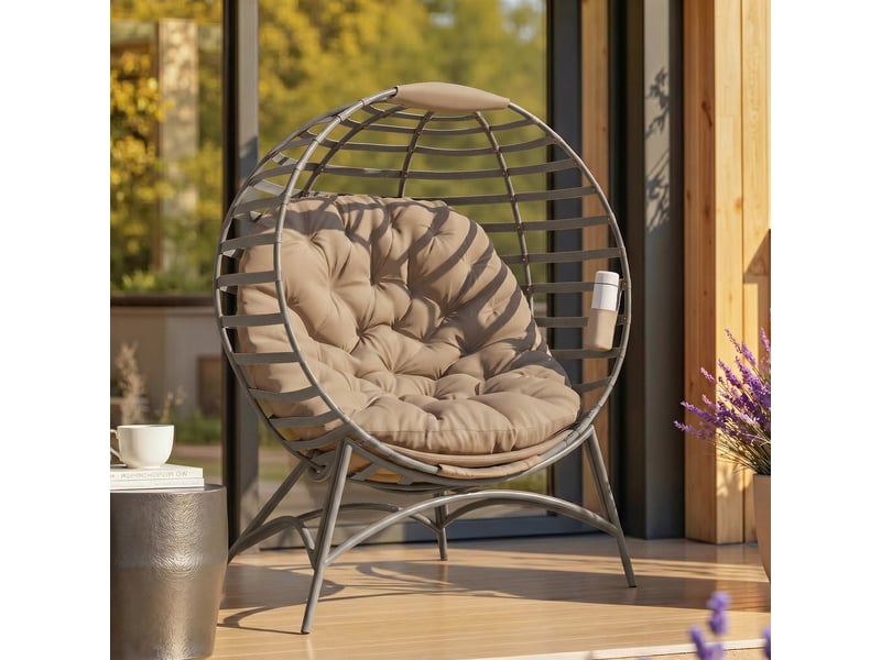  Fauteuil papasan, chaise de jardin, fauteuil en osier avec coussin, fauteuil lounge ovale, pliable, 118 x 77 x 139 cm  - Conforama B
