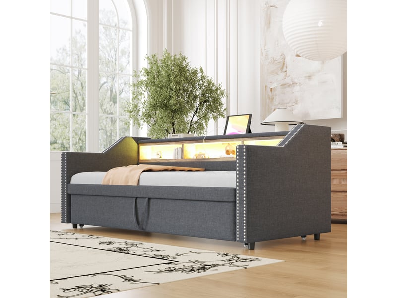  Lit banquette 2 places 90×190 et 180×190 cm, gigogne, led et usb - okmyhome- gris foncé, 2 matelas inclus  - Conforama C