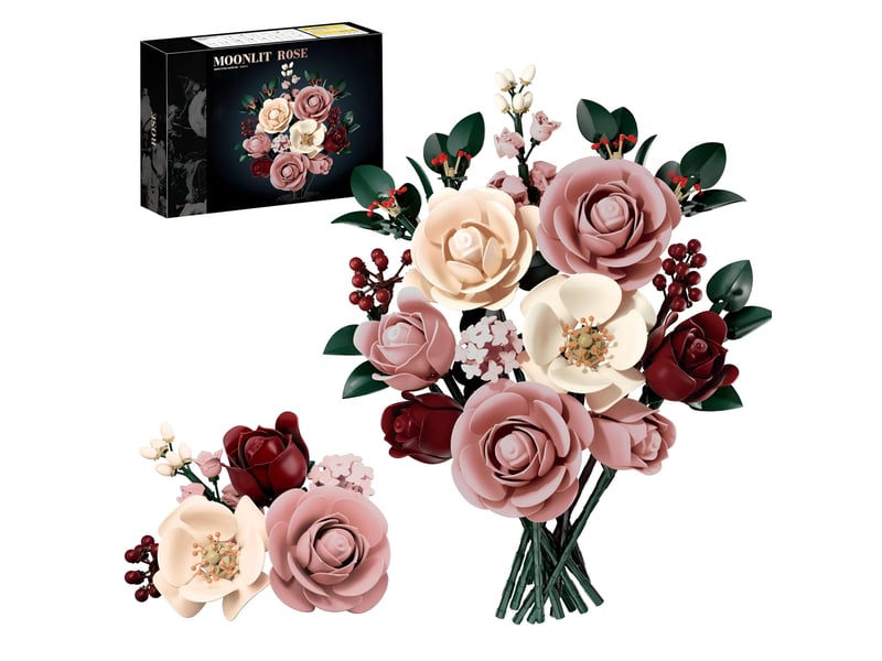  Set de construction bouquet de roses rose et lune – collection botanique, briques fleurs artificielles, déco maison et bureau  - Conforama A