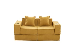 Canapé droit convertible 2 places en tissu jaune moutarde avec coussins, rangements latéraux et porte-gobelets