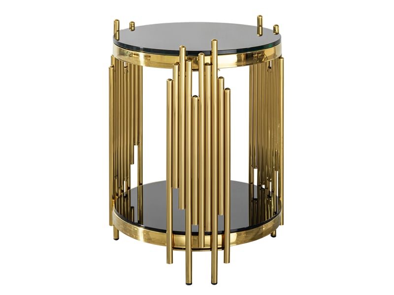  Bout de canapé rond 45x55 cm, double plateau, verre trempé, acier inoxydable, design moderne, noir et doré  - Conforama A