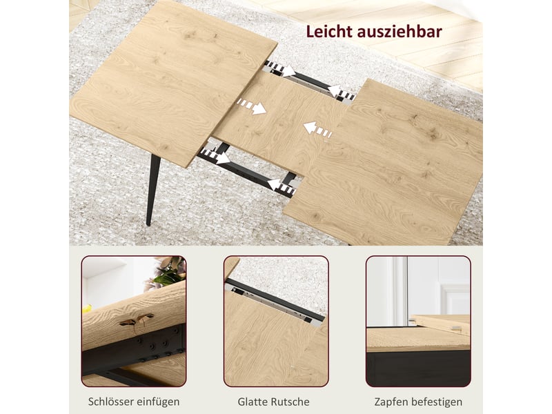  Table extensible pour 6 à 8 personnes avec rallonge dissimulée, pieds en acier, salle à manger, mdf, bois naturel  - Conforama E