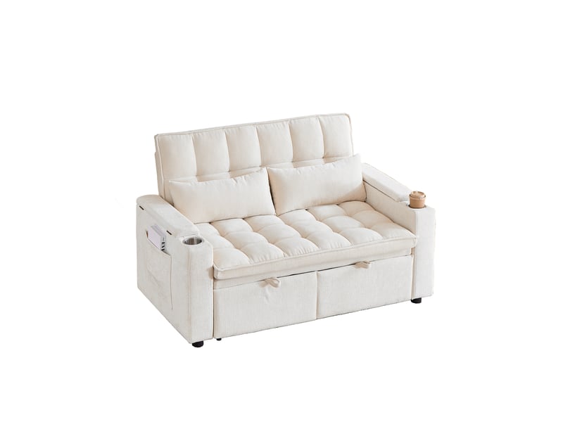  Canapé convertible 3-en-1 142 cm en chenille, lit gigogne, rangements, porte-gobelets et coussins, beige, design actuel  - Conforama A