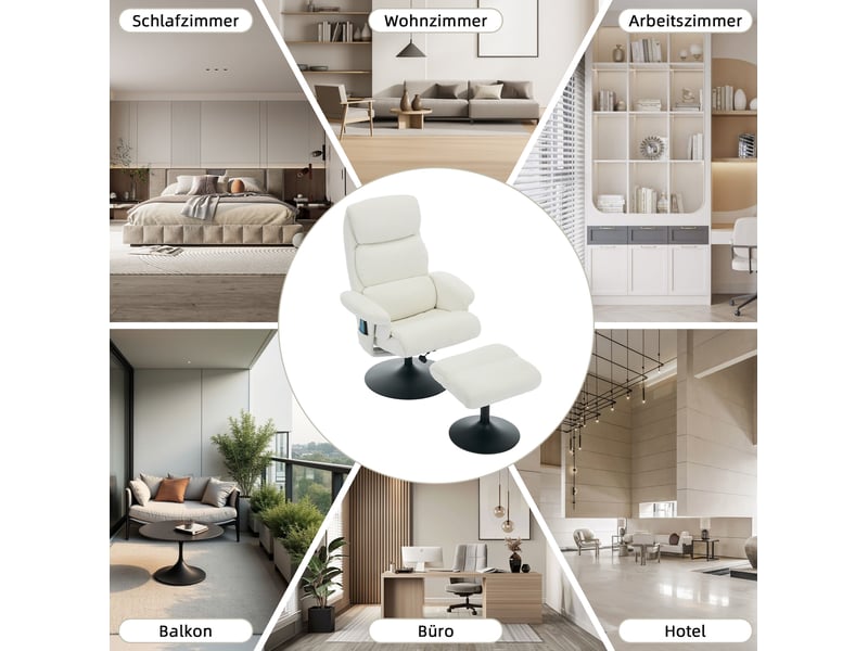  Fauteuil massant 77x75,5x100 cm, relax inclinable électrique, pivotant à 360°, repose-pieds, chenille, couleur blanc  - Conforama D