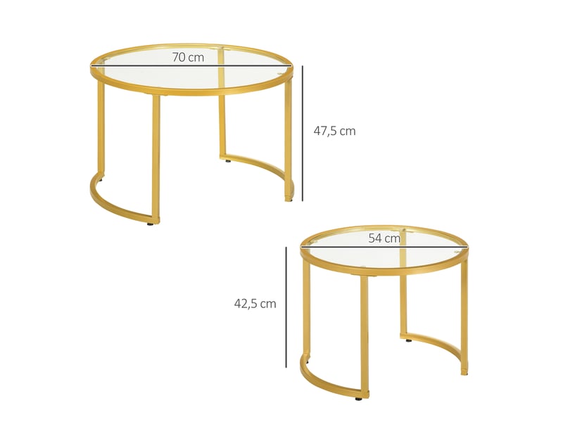  Lot de 2 tables basses gigognes rondes plateau trempé verre et pied en acier au carbone doré  - Conforama C
