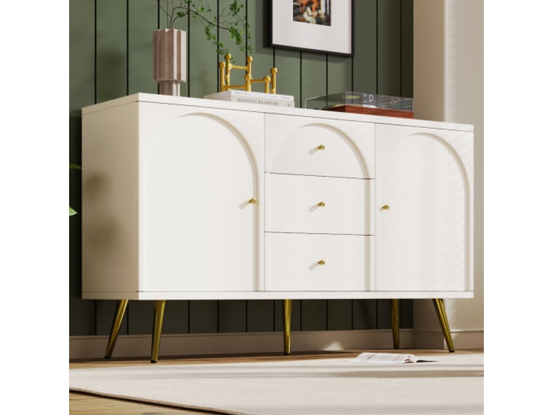  Commode 2 portes et 3 tiroirs avec étagère réglable - beauniv - pour chambre et salon, bois et métal, blanc crème, 140×40×84 cm  - Conforama B