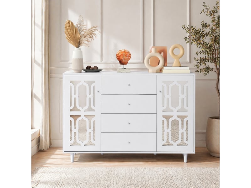  Buffet et enfilade avec 2 portes et 4 tiroirs, façade miroir, en mdf, blanc, 145 × 40 × 102 cm - uvrion  - Conforama B