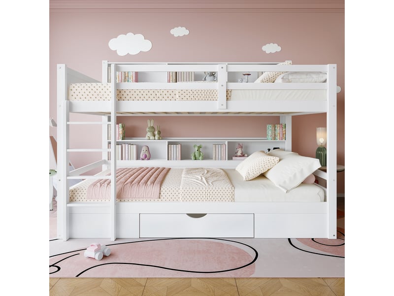  Lit superposé enfant 90x200, lit superposé blanc avec tiroirs et étagères de rangement, cadre en bois, 205x118.5x175cm.  - Conforama E