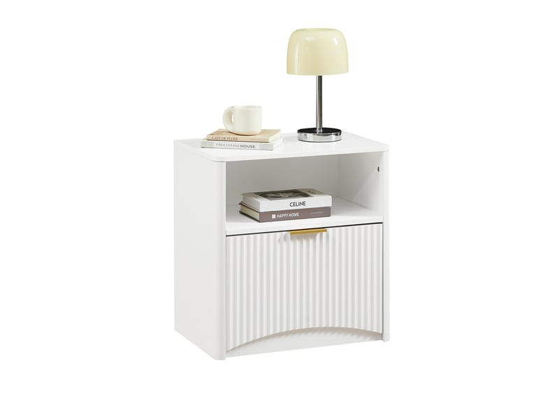  Table de chevet 58x38x60 cm, tiroir ouvert, chevet moderne, table d'appoint, meuble chambre et salon, aggloméré, blanc  - Conforama A
