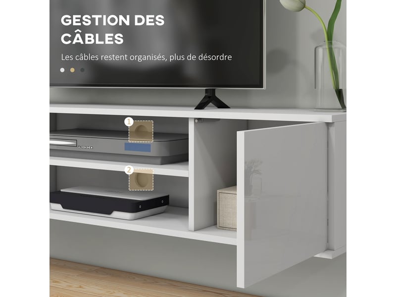  Meuble banc tv mural suspendu style contemporain 2 placards 2 niches centrales et 2 passe-câbles 140 x 30 x 30 cm blanc  - Conforama W
