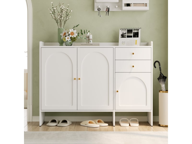 Armoire à chaussures 3 portes 2 tiroirs avec poignées métal, rangement spacieux et sécurité anti-bascule pour entrée, blanc 120x90x35 cm evarich - Conforama D