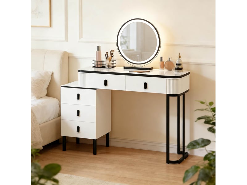  Coiffeuse noir et blanc avec miroir led réglable et 5 tiroirs  - Conforama D