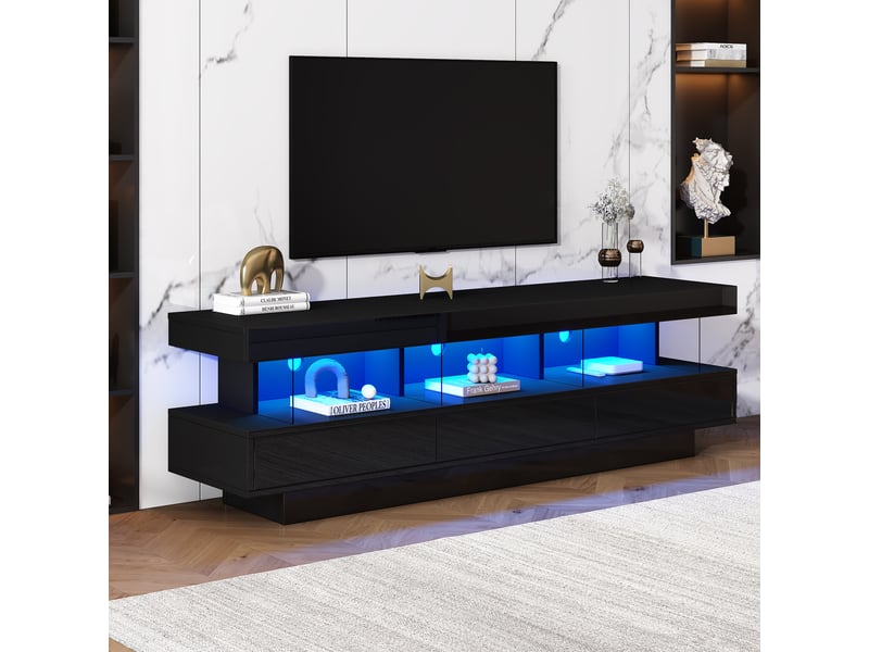  Meuble tv avec 3 étagères en verre et éclairage led par application mobile pour salon, 160×38×50,5 cm noir brillant  - Conforama C