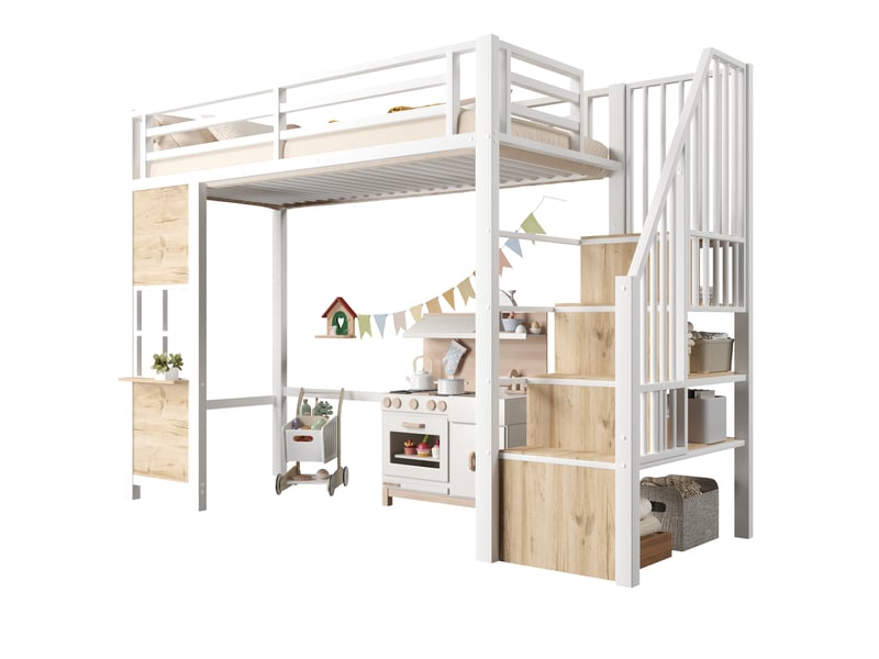 Lit mezzanine enfant 90x200 cm en métal et mdf avec escalier de rangement, fenêtre, étagères, garde-corps et espace de jeu, blanc - Conforama A