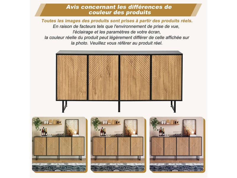  Buffet 4 portes 160 cm bois naturel et noir avec pieds en métal  - Conforama D