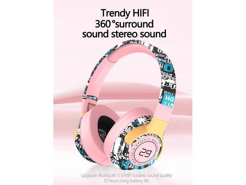  Casque bluetooth 5.1 pliable rose led antibruit micro  - Conforama C