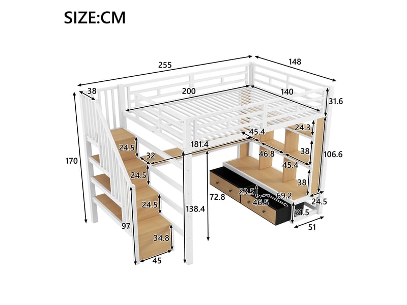  Lit mezzanine 140x200 cm avec bureau et rangements, escalier avec rangement et 2 tiroirs, led intégrée, métal blanc  - Conforama C