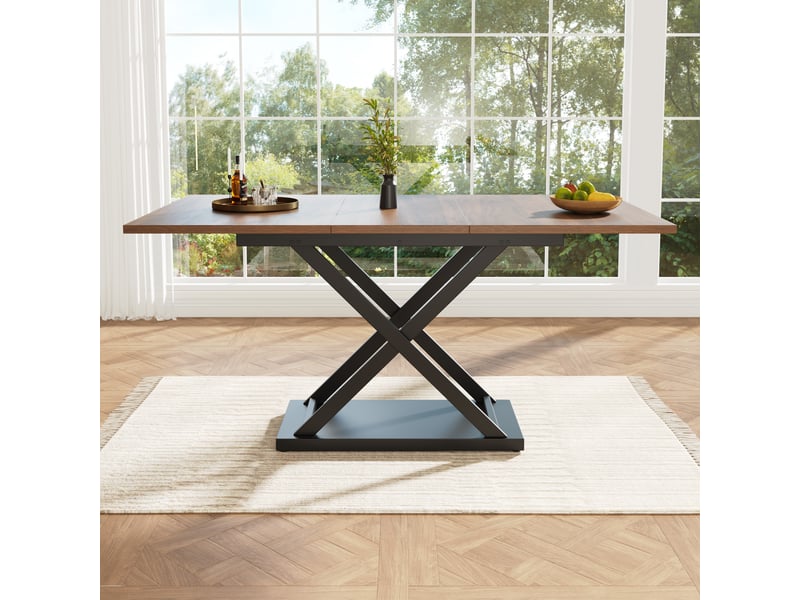  Table à manger rectangulaire extensible 120-160 x 80 cm, plateau mdf effet noyer, pieds croisés en métal noir, 6 à 8 places, design moderne  - Conforama C