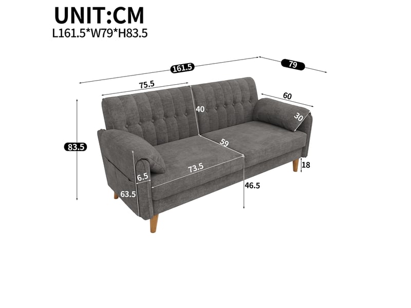  Canapé 2 places - 161.5x79x83.5cm - canapé droit en chenille avec poches latérales et pieds en bois massif 18cm - gris clair  - Conforama E