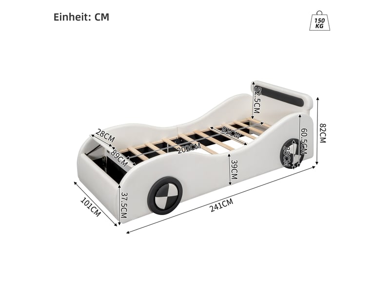  Lit voiture avec rangement 90 × 200 cm, pu et mdf, roues lumineuses par appli, coffre au pied, sans matelas, blanc  - Conforama C