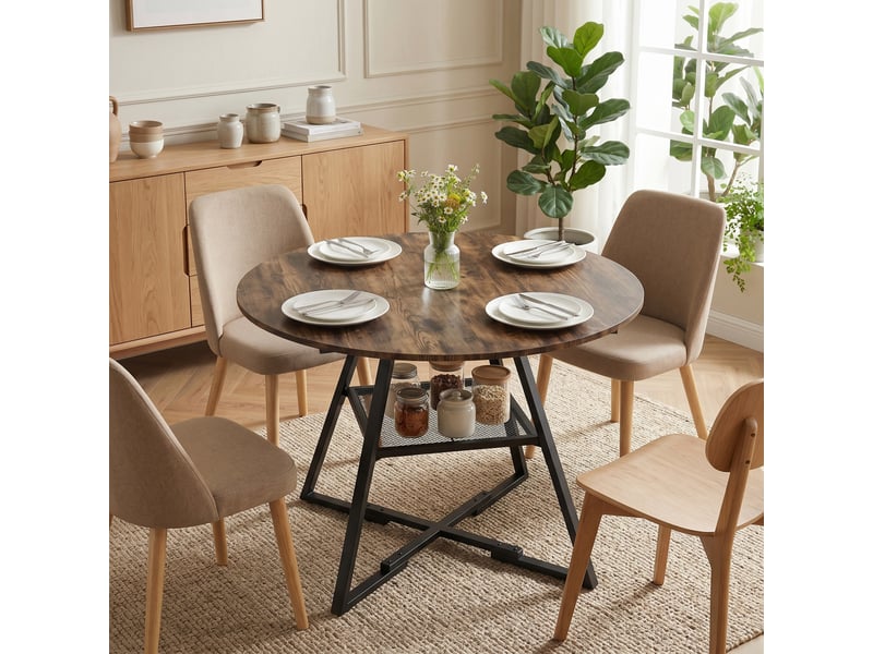  Table de salle à manger ronde pour 4 personnes avec étagère, structure en métal, pour salon, ø100 x 76 cm, marron rustique  - Conforama D