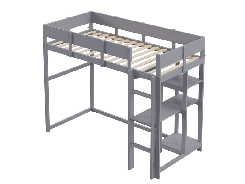  Lit mezzanine avec étagère 90 x 200 cm en pin massif, sommier inclus, pour enfant et adolescent, gris.  - Conforama A