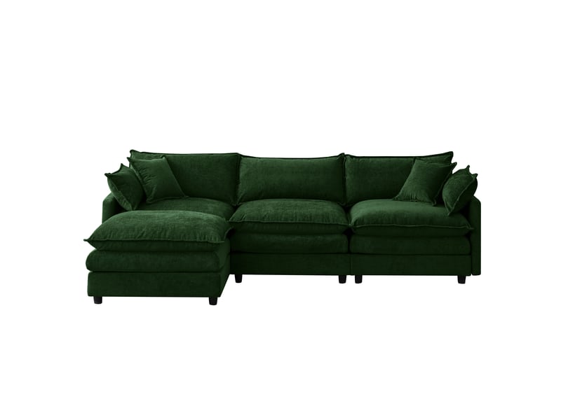 Canapé d'angle 3 places avec méridienne et hocker, tissu chenille vert, structure bois massif eucalyptus, design moderne - Conforama A