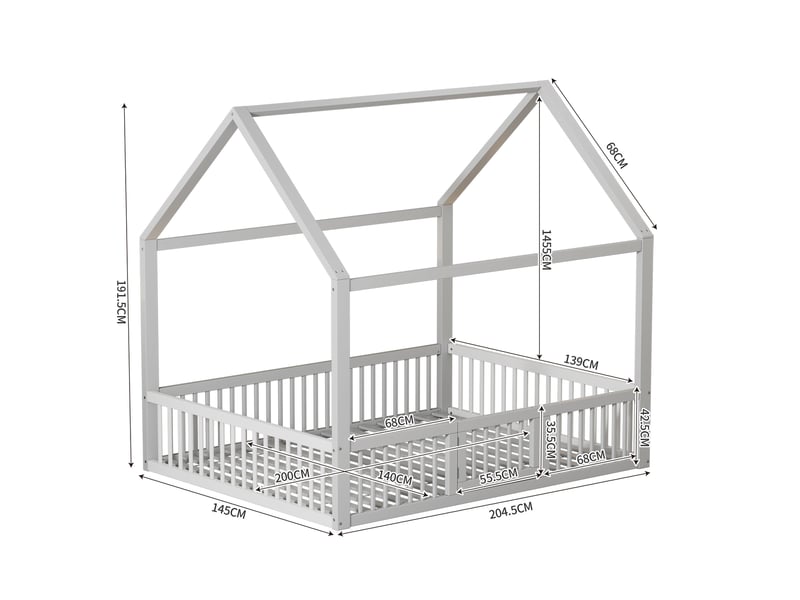  Lit cabane enfant 140 x 200 cm en bois et mdf avec barrières, porte, blanc  - Conforama C