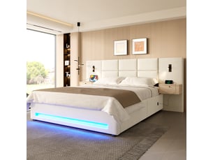 Lit coffre rembourré en velours 160x200 cm - lit double avec rangement hydraulique, tête de lit à tiroirs, led et usb-c - beige