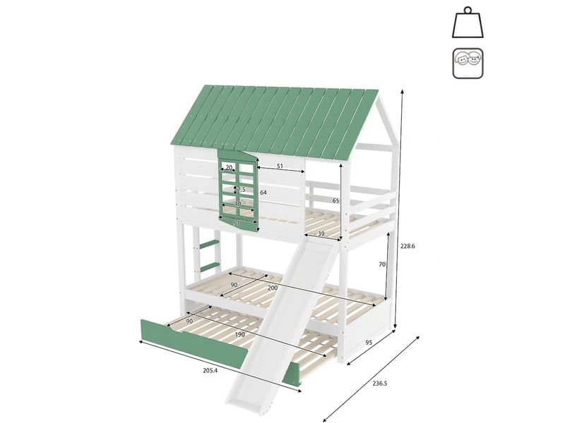  Lit cabane superposé 90x200 avec toboggan et lit gigogne, pin massif et mdf, blanc et vert  - Conforama E