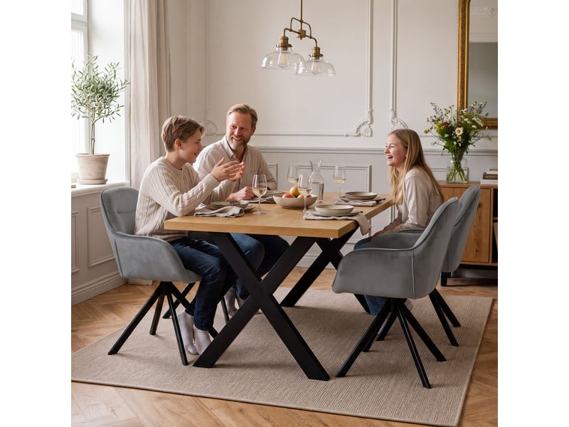  Ensemble table et 4 chaises - table rectangulaire 160x80 cm monobloc en chêne sauvage et pieds métal, 4 chaises en velours gris foncé et pieds métal  - Conforama W
