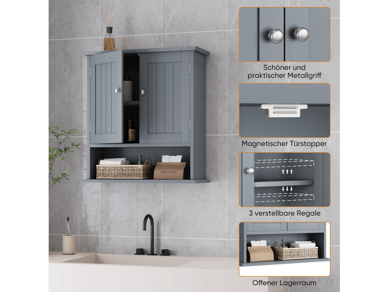 Armoire murale salle de bain 54,6x19,8x60 cm, 2 portes, rangement ajustable, armoire de rangement, mdf, gris clair - Conforama E