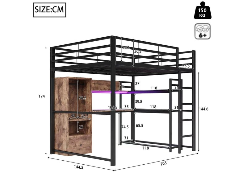 Lit mezzanine 140x200 cm led intégrées bureau tiroir rangements garde-corps escalier métal mdf sans matelas noir - Conforama C