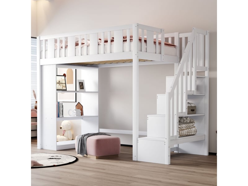  Lit mezzanine blanc 90x200cm avec escalier rangement, bureau, 15 lattes, gain de place, pratique - bois massif - pour enfant ado  - Conforama C