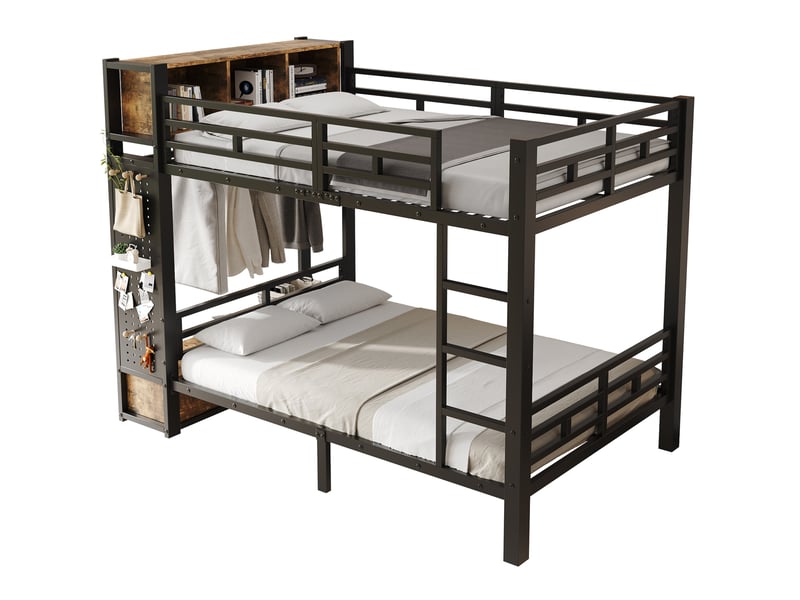 Lit superposé 120x200 cm avec rangement, métal noir et noyer foncé - Conforama A