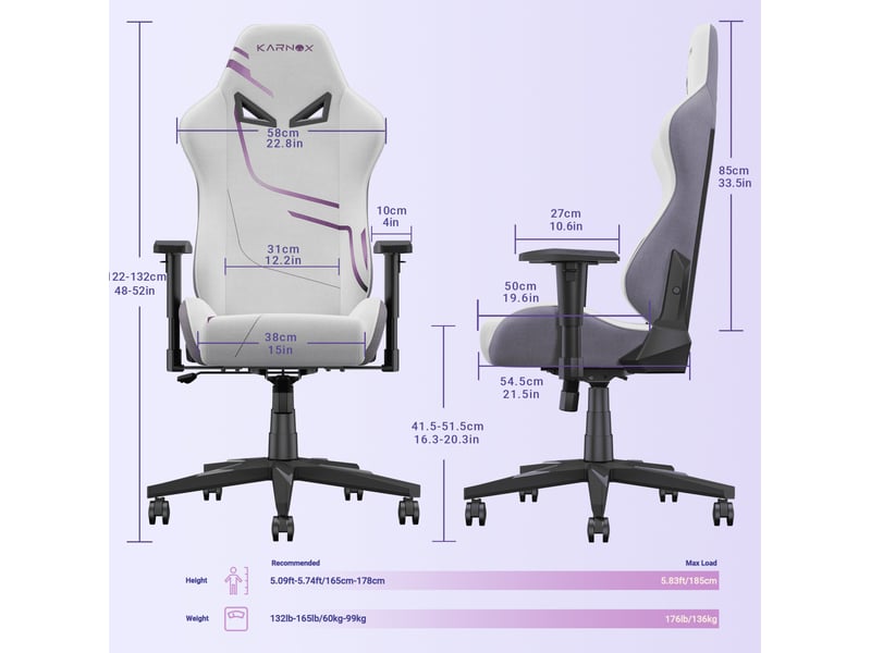  Chaise de bureau avec dossier inclinable, hauteur réglable, appuie-tête et soutien lombaire, en tissu blanc et violet  - Conforama C