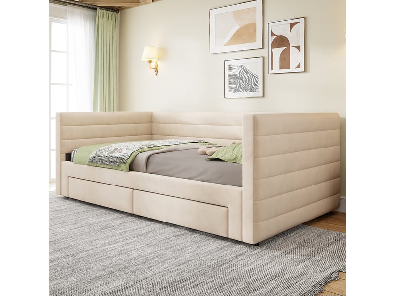 Canapé-lit convertible 3-en-1 90/180x190 cm avec 2 tiroirs, tissu coton-lin beige, sans matelas - Conforama E