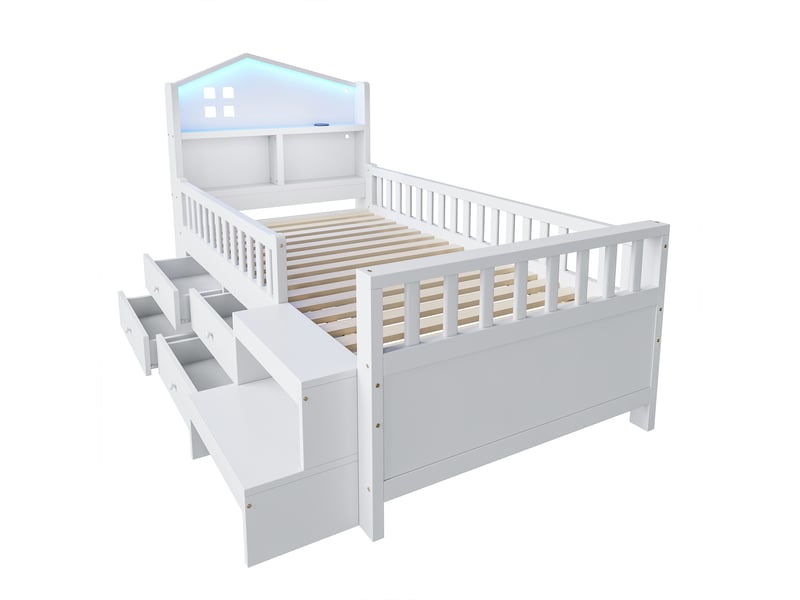  Lit enfant avec barrières et 4 tiroirs, bois massif blanc, 90x200 cm, led, usb et type-c  - Conforama E
