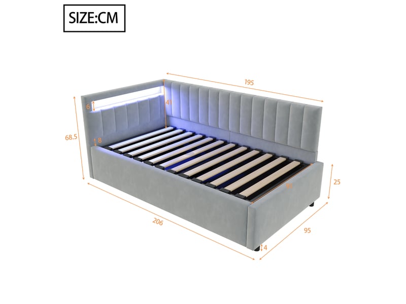  Lit banquette 90x200 cm en velours gris clair, led, coffre hydraulique et dossier latéral modulable  - Conforama C