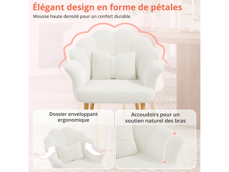Lot de 6 fauteuils de salle à manger avec dossier pétale, accoudoirs, coussin nœud et pieds en métal doré, tissu bouclette teddy, blanc evarich - Conforama D