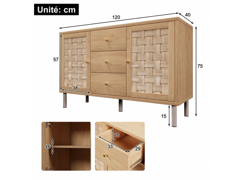  Buffet 120 cm 2 portes 3 tiroirs couleur chêne, façades tressées, style campagne  - Conforama C