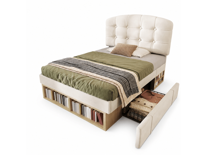  Lit enfant 90x200 cm avec tête de lit réglable, tiroirs, compartiments de rangement et sommier à lattes, velours beige  - Conforama A