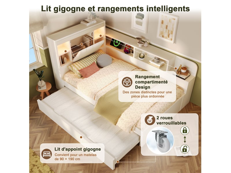 Lit gigogne 140x190 cm avec éclairage et ports en bois, tête de lit avec rangement, couleur blanc sans matelas - Conforama E