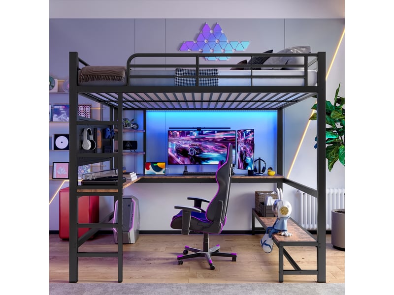  Lit mezzanine 140x200cm - lit haut en métal avec grand bureau, panneau perforé, led &amp; prises usbtype-c - noir  - Conforama D