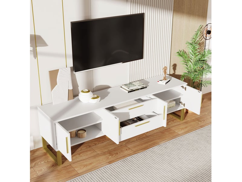 Meuble tv 170x40x53,5 cm, 4 portes de rangement avec tiroirs centrauxsculptés, structure mdf, blanc et accents dorés  - Conforama D