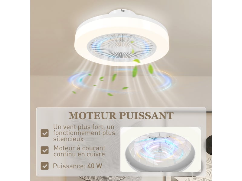  Ventilateur de plafond avec lumière et télécommande 6 vitesses, minuterie, blanc, luminosité réglable  - Conforama R