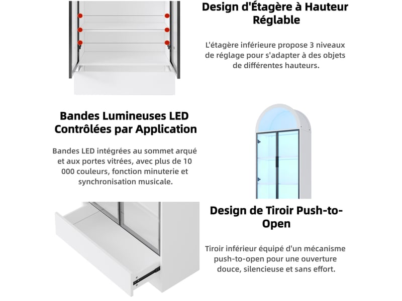  Vitrine led avec portes vitrées et tiroir, 70 x 38 x 190 cm, mdf et verre, blanche  - Conforama E