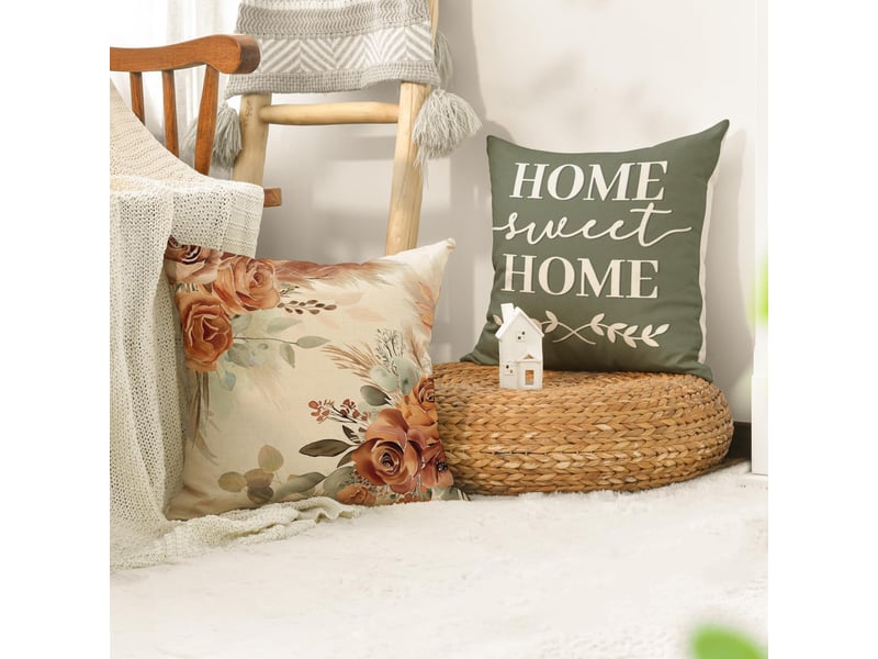 Lot de 4 housses de coussin 45x45cm, motif floral eucalyptus – tons terracotta et sauge, décoration saisonnière pour canapé  - Conforama D