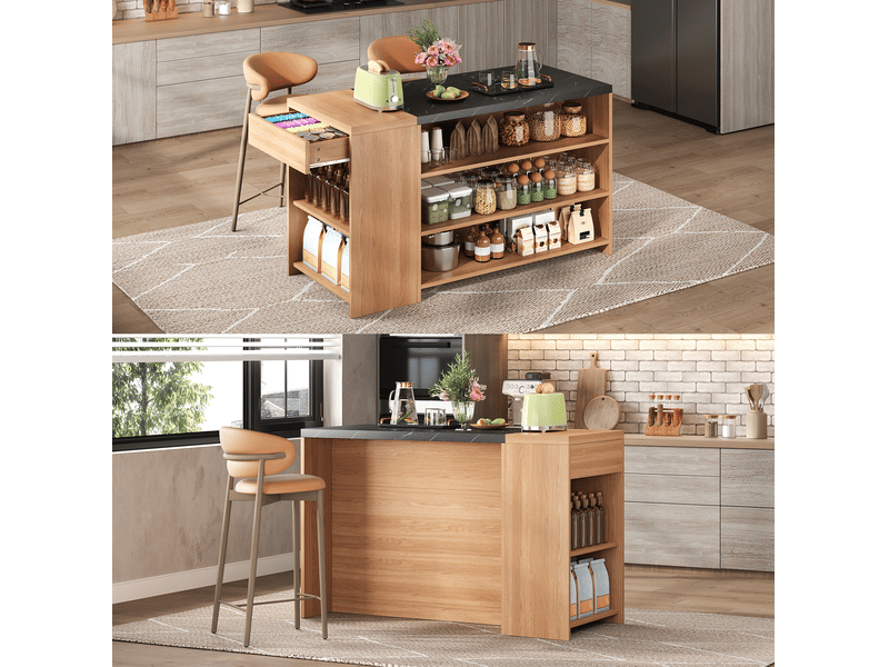  Îlot de cuisine 140x60x90 cm noir effet marbre et chêne naturel avec rangement  - Conforama E
