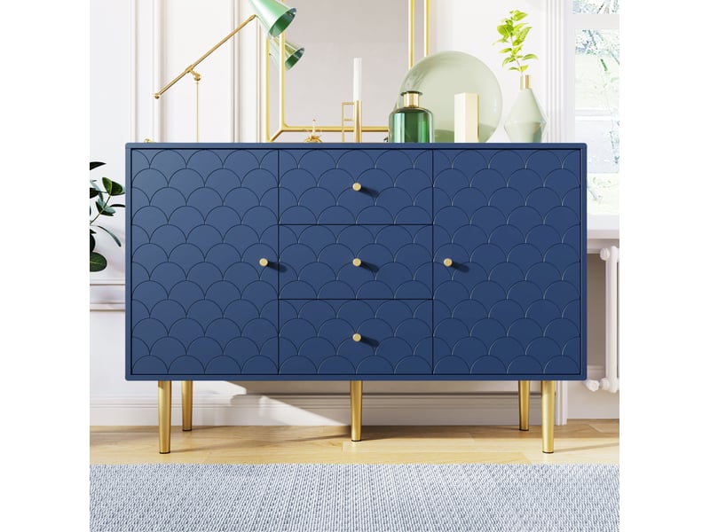  Buffet et enfilade avec 2 portes, 3 tiroirs et étagères réglables, pieds métal, bleu marine, 120 × 40 × 83 cm  - Conforama C